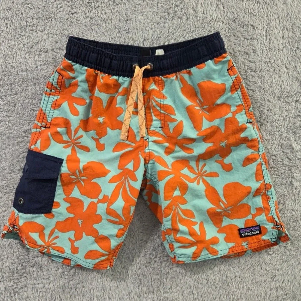 Patagonia Swim Shorts Boys Small Blue Orange Floral Baggies NetPlus Board Shorts